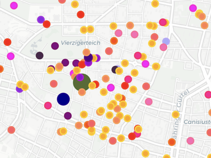 Interaktive Karte mit farbigen Punkten zeigt Häufigkeit der Aufenthalte Schnitzlers an verschiedenen Orten