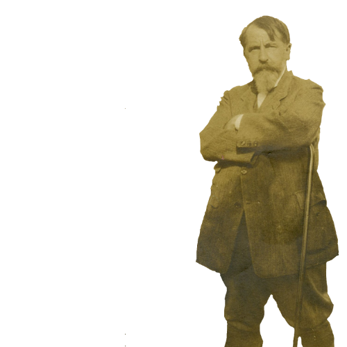 Stilisierte Silhouette von Arthur Schnitzler mit Hut und Brille vor historischer Wien-Kulisse